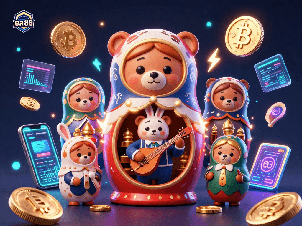 Experience the excitement of ea88 as a bear reveals smaller dealer bears in a vibrant casino scene filled with crypto elements.