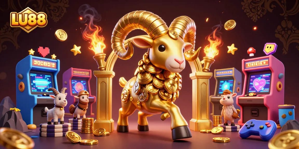 Experience the excitement of LU88 with a golden ram charging through a vibrant gaming scene.