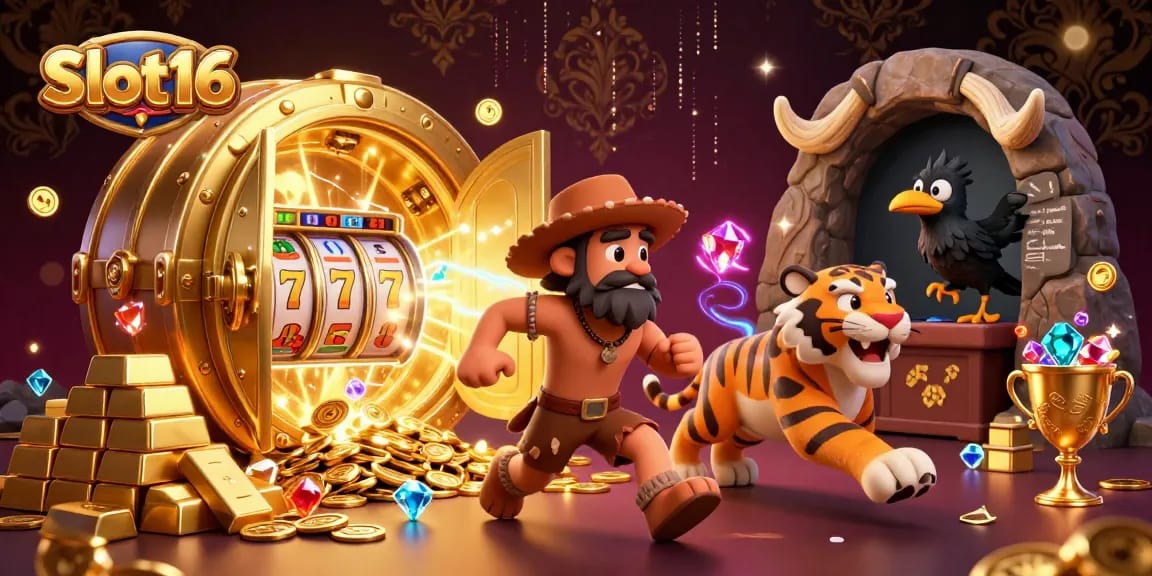 Experience the excitement of Slot16 with a vibrant casino scene featuring a caveman, sabertooth tiger, and clever crow.