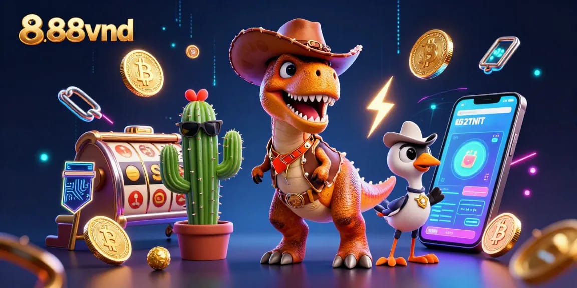 Engage with thrilling gaming at 888vnd with a vibrant casino scene featuring cartoon characters and slot reels.