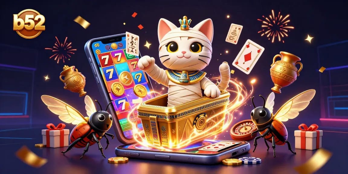 b52 showcased with a lively Egyptian mummy cat and glowing scarab beetle in a vibrant casino setting.