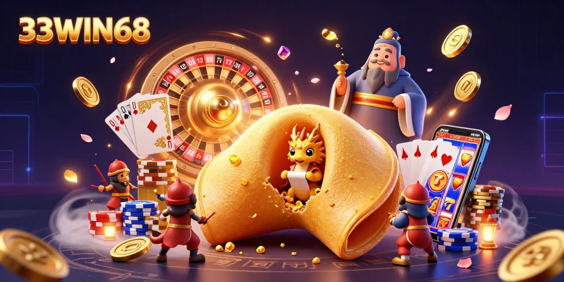 Engage with thrilling 33WIN68 online casino action featuring a magical golden fortune cookie and a wise dragon.
