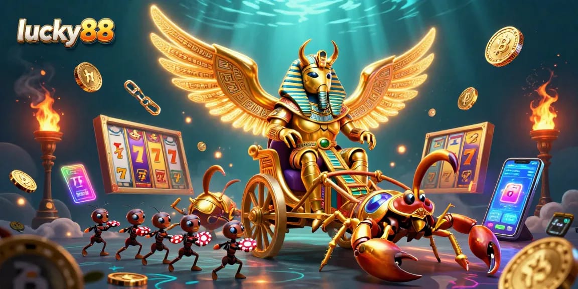 Spin the reels of lucky88 in this vibrant casino-themed illustration filled with gold!
