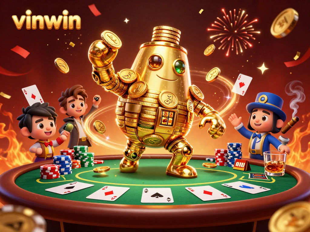 Experience the excitement of vinwin with a golden golem and vibrant poker scene.