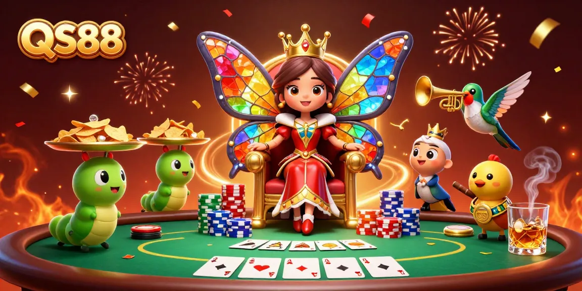 Experience the magic of QS88 with a 3D butterfly queen surrounded by poker elements, chips, and vibrant confetti.