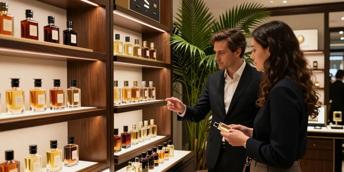 Oud parfum flessen mooi getoond in een luxe parfumeriewinkel.