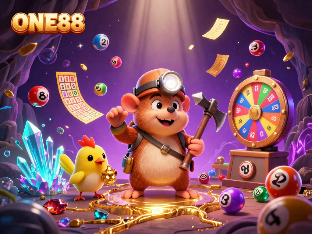 Experience excitement with ONE88's vibrant lottery scene featuring a treasure hunter mole and colorful lottery elements.