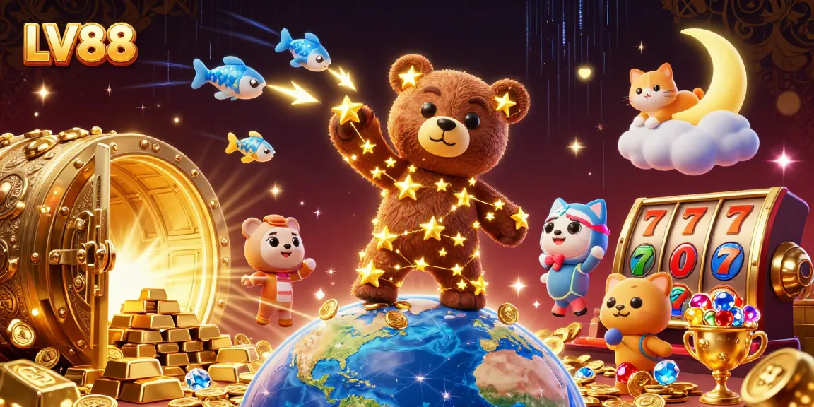 Engage with LV88's vibrant casino world through dynamic illustrations of games and rewards.