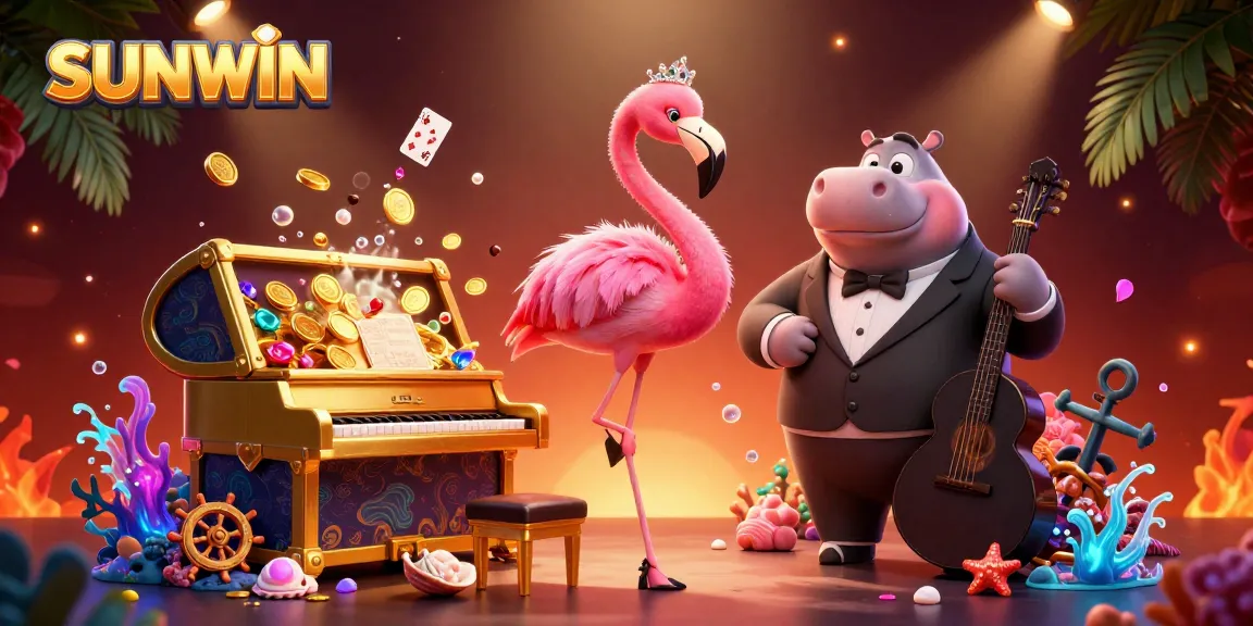 SUNWIN showcases vibrant casino elements with a flamingo singer and a cool hippo bassist in a dynamic 3D illustration.