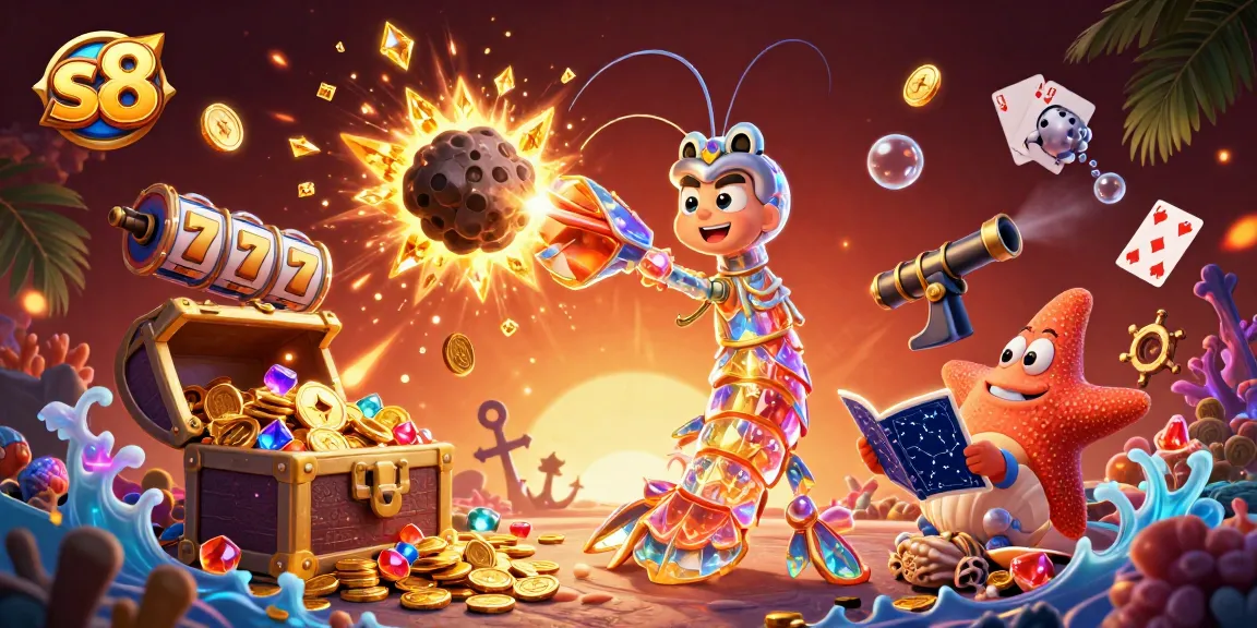 S8 platform offers thrilling casino experiences with vibrant slot-themed characters amidst a treasure-filled backdrop.