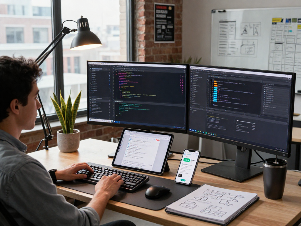 Welkruvozan softwareontwikkeling in een moderne kantooromgeving met een ontwikkelaar aan een staand bureau.