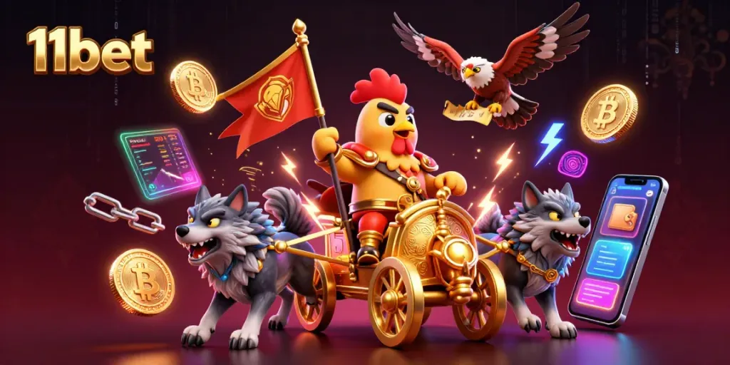 Engage with 11bet's thrilling casino adventure featuring a rooster warlord scene.