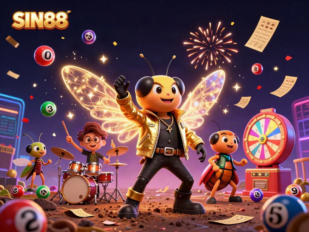SIN88 brings excitement with a vibrant 3D illustration featuring a rock star cicada and lottery elements.