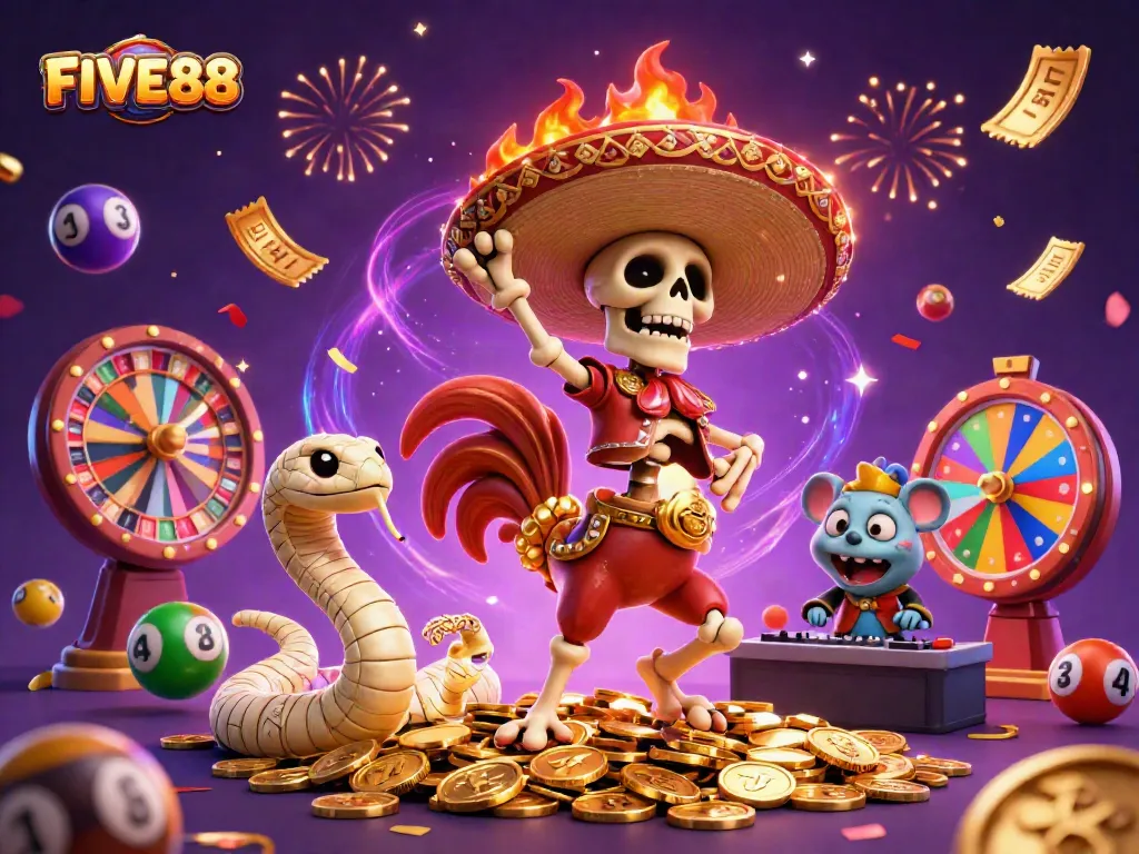 Engage with FIVE88's exciting casino atmosphere featuring vibrant characters celebrating and winning.