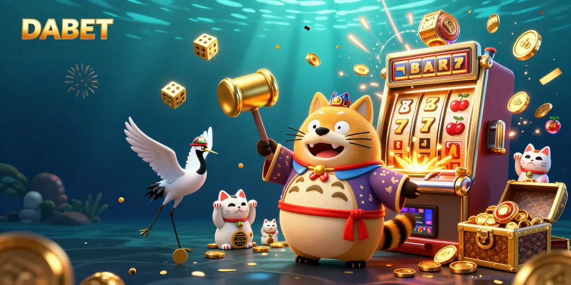DABET showcases a festive scene with a cheerful tanuki and symbols of fortune, igniting excitement in casino gaming.
