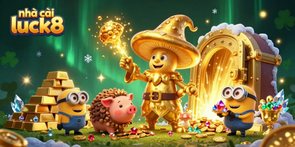 Engage in rich gold-themed gameplay with nhà cái luck8's magical illustration featuring treasure seekers.