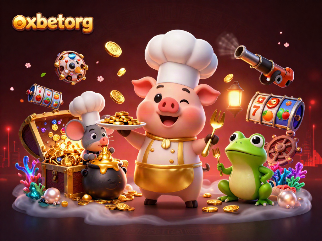 Experience the luxury of winnings with oxbetorg as Chef Pig serves golden coins amidst vibrant gambling elements.