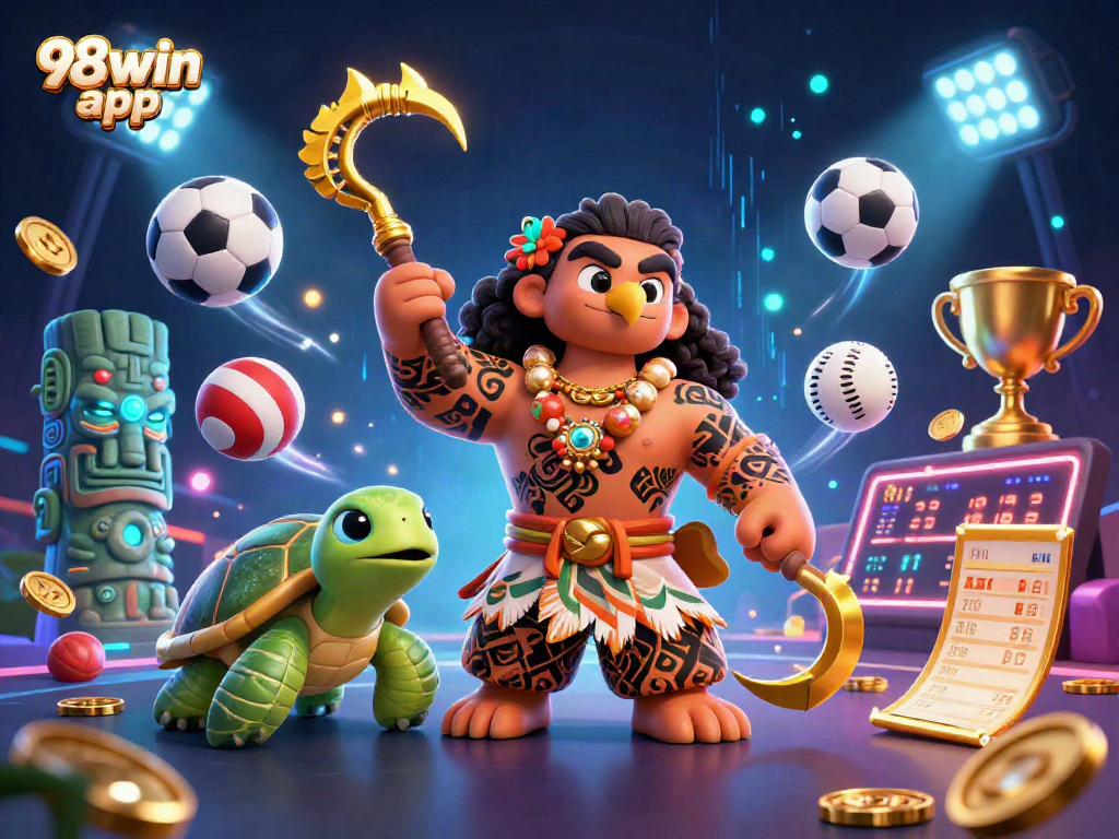 Join the fun with the immersive 98win app, showcasing vibrant casino elements and dynamic sports interactions.