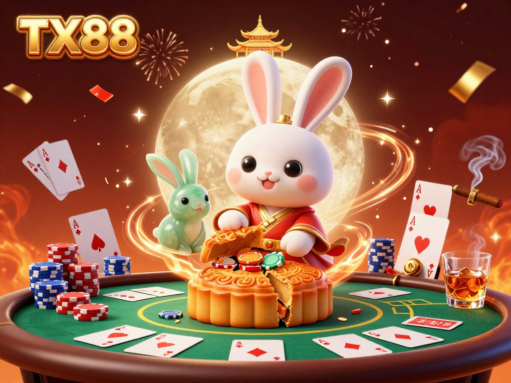 Engage with TX88's vibrant casino action featuring poker chips and enchanting characters.