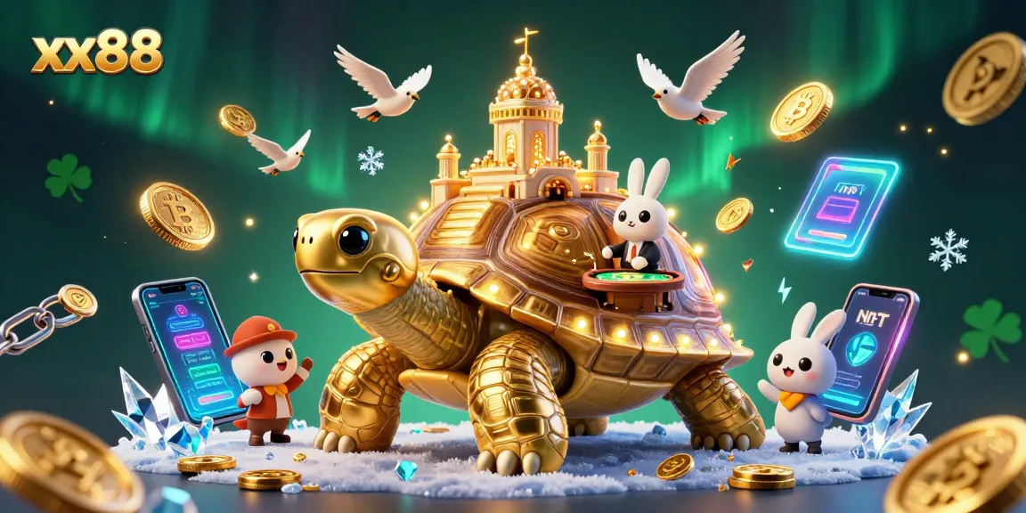 Engage in thrilling gaming with xx88 as birds fly with golden coins around a giant tortoise casino.