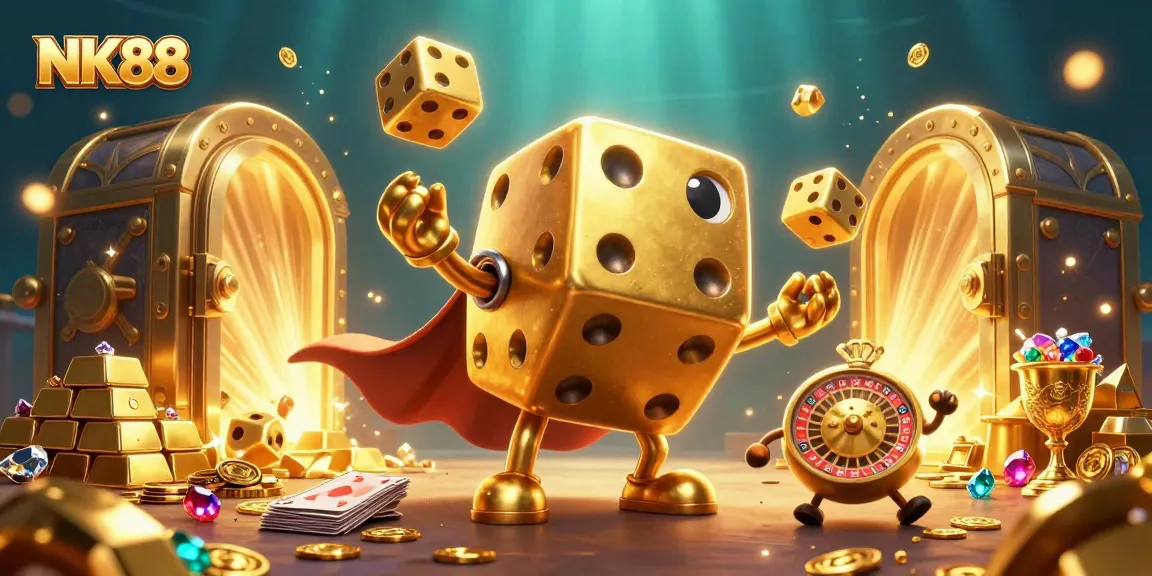 Join the excitement at NK88 with a vivid 3D illustration showcasing lively casino themes.