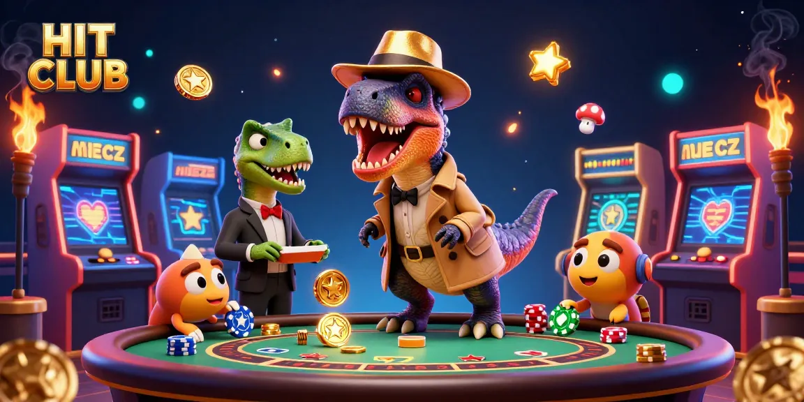 HIT CLUB showcases a velociraptor card counter at blackjack, with a stegosaurus pit boss and a compy in a vibrant casino scene.