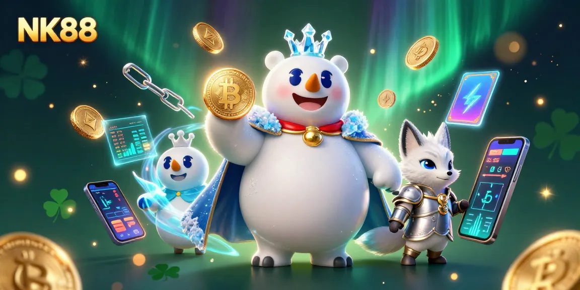 Experience thrilling casino action at NK88 with a vibrant 3D illustration showcasing a polar bear and fox amidst cryptocurrency elements.