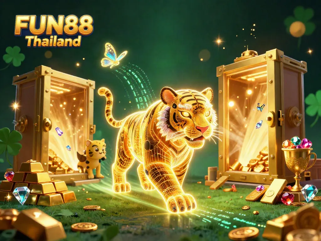 Experience FUN88 Thailand with a neon golden tiger navigating a vibrant casino landscape, rich in treasures.