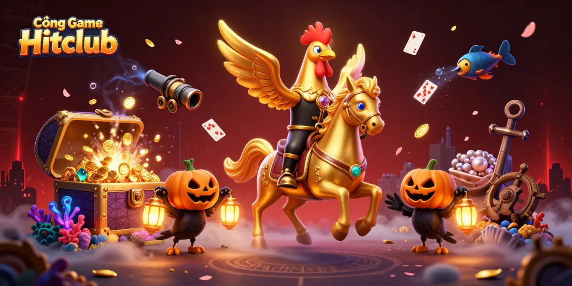 Cổng game Hitclub showcases a vibrant casino scene with a golden rooster and treasures, exciting players in 2026.