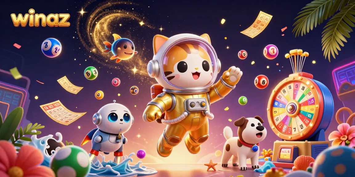 Winaz lottery scene with a space cat, robot dog, and alien fish for exciting gaming experiences.