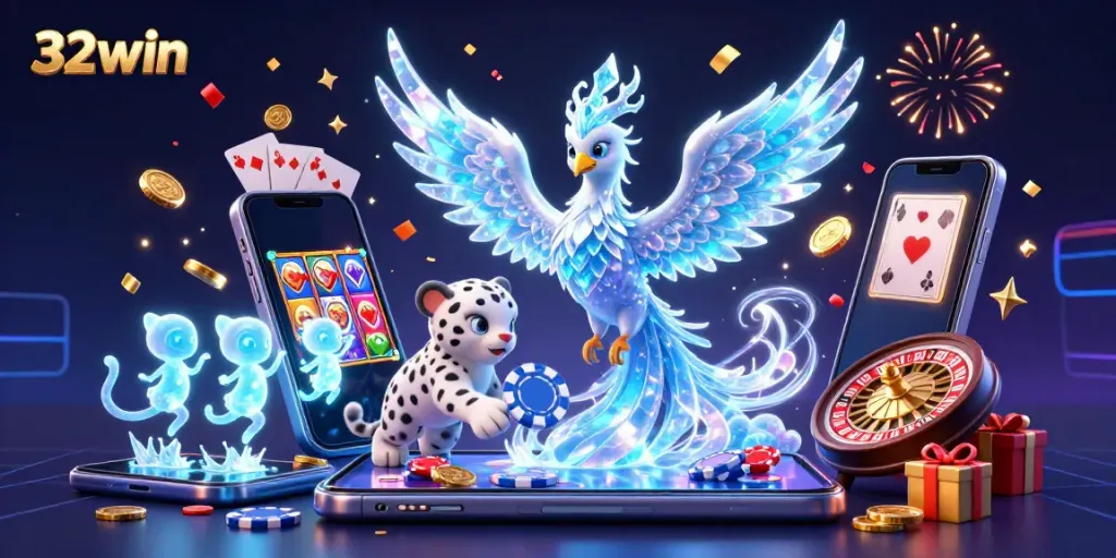 Experience the excitement of 32win with a dazzling 3D illustration featuring a phoenix, snow leopard, and vibrant gaming elements.