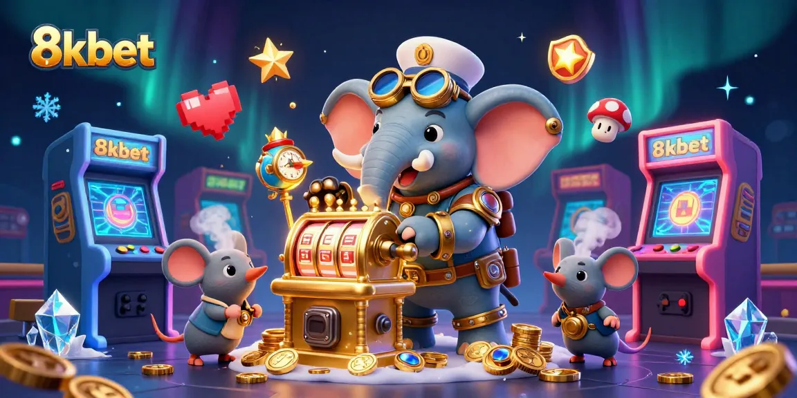 Experience thrilling gameplay with 8kbet's golden slot machine operated by a steampunk elephant.