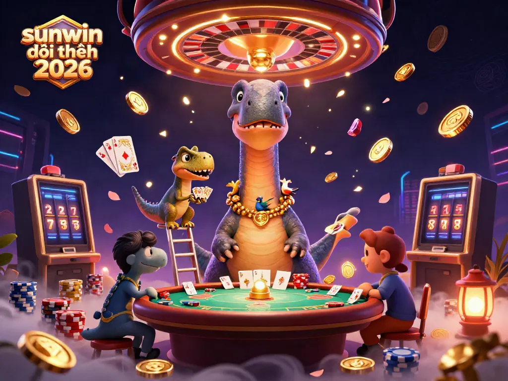 Experience thrilling gameplay with sunwin đổi thưởng 2026 as a brontosaurus towers over a vibrant casino scene.