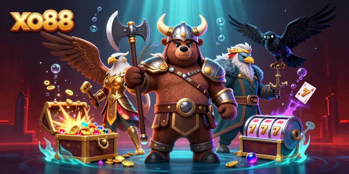 Experience the excitement of xo88 with a vibrant illustration showcasing a Viking bear, a Valkyrie eagle, and dynamic casino elements.