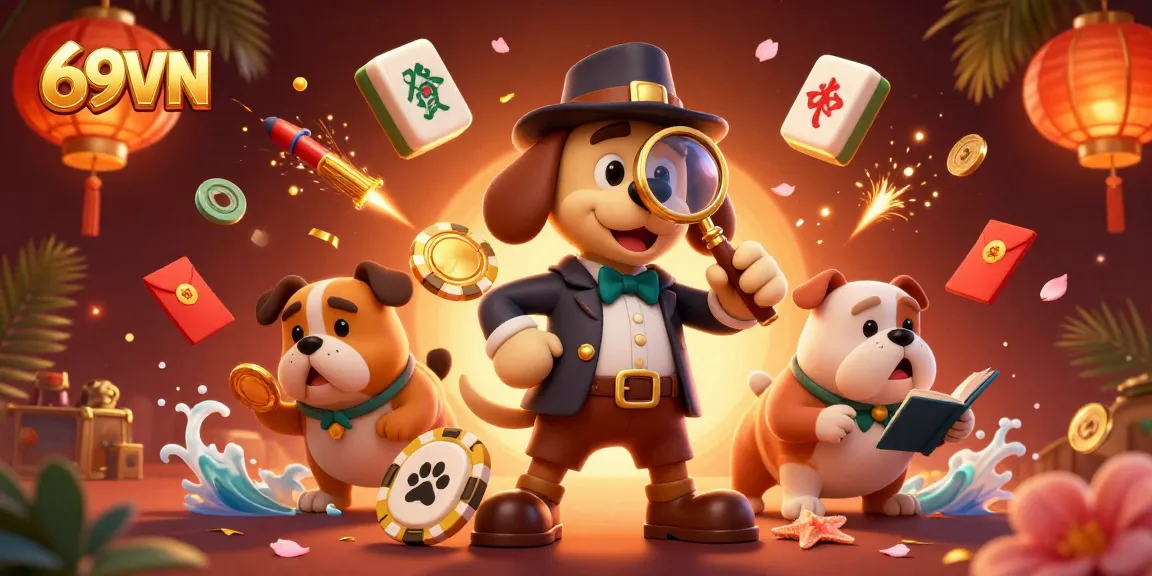 Experience the thrill of 69VN with a cartoon detective uncovering poker clues amidst festive casino elements.