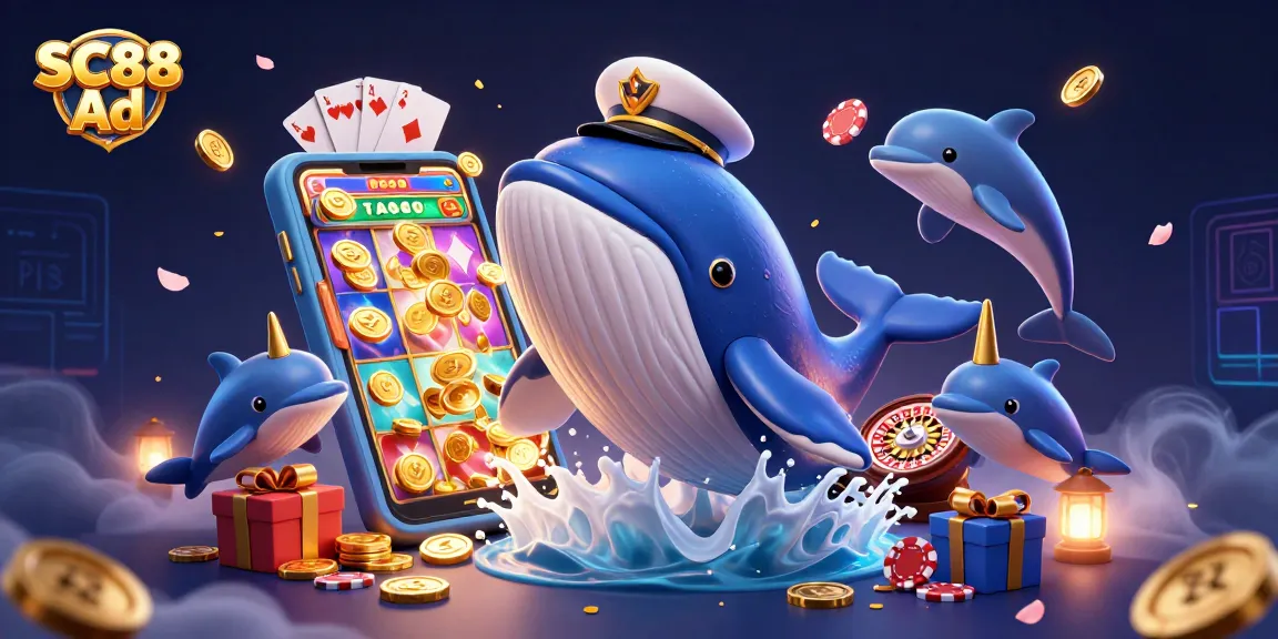 Experience the SC88 Ad with a vibrant casino scene featuring playful dolphins and golden coins.