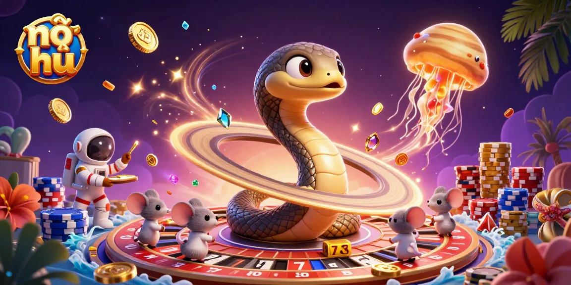 Engage in nổ hũ gaming with animated characters, spinning reels, and cosmic casino vibes.