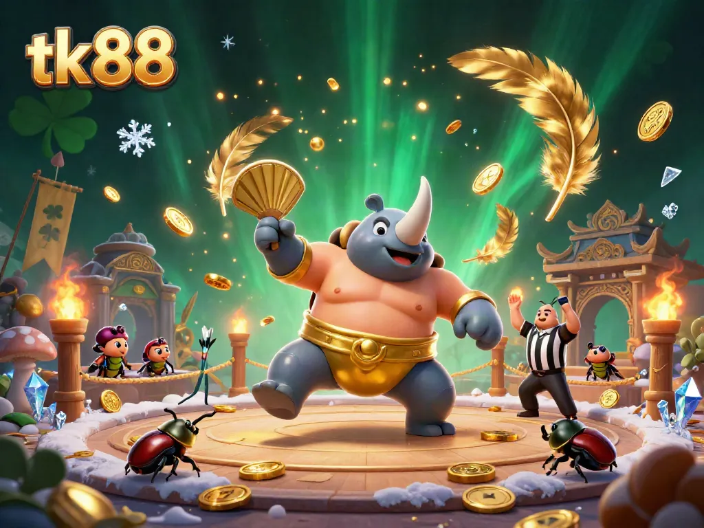 Experience the excitement of tk 88 as a sumo beetle champion stomps coins in a vibrant 3D casino scene.