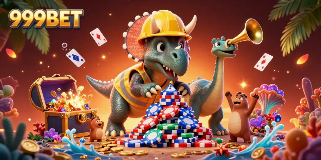 Celebrate with 999BET as a triceratops builds poker chips surrounded by treasure and vibrant colors.