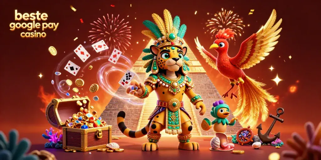 Engage with the beste google pay casino scene featuring a Mayan priest and quetzal bird amidst a vibrant treasure explosion.
