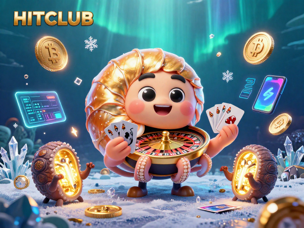 Engage with HITCLUB's vibrant gaming scene featuring casino elements and cryptocurrency symbols.