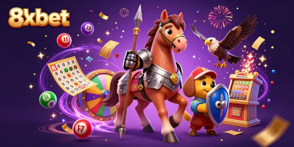 Experience the excitement of 8xbet with knights, colorful lottery elements, and dynamic casino action.