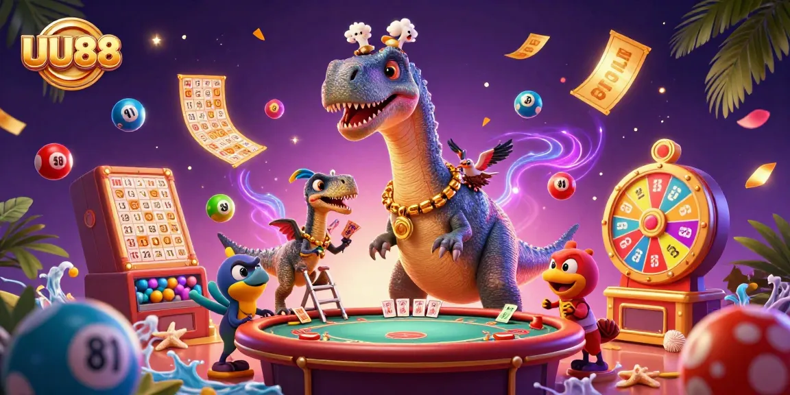 Experience the excitement at UU88 with a thrilling casino illustration featuring vibrant games and dynamic elements.