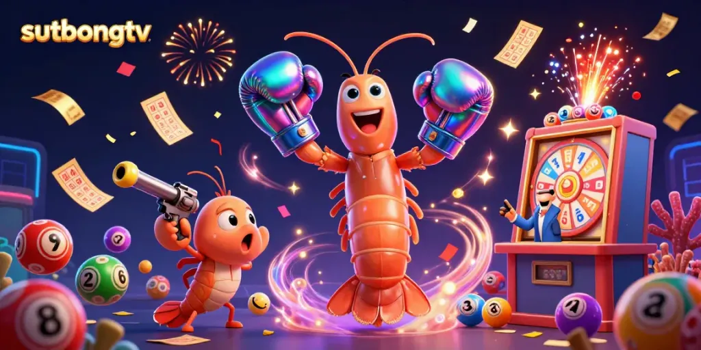 Engaging scene of sutbongtv featuring vibrant lottery elements and animated shrimp characters celebrating