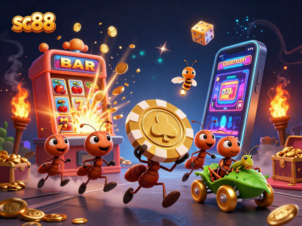 Enhance your gaming experience at sc88 with ants heisting a giant poker chip amid casino riches.