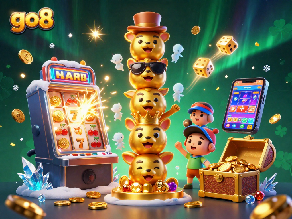 Experience the go8 online casino excitement with vibrant jackpots and playful characters in this dynamic illustration.