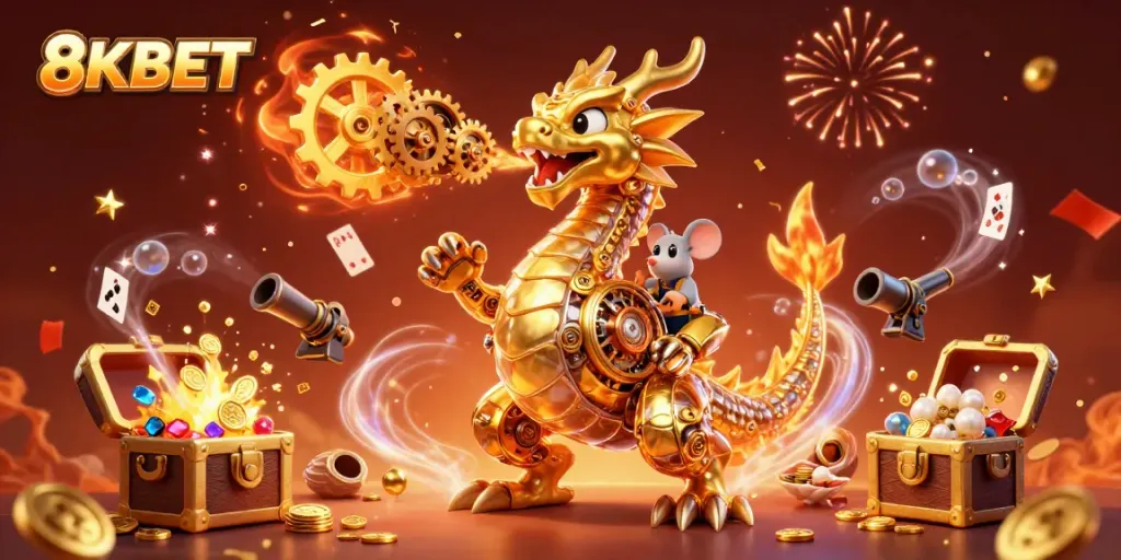 Engage with 8KBET's vibrant online casino scene showcasing a golden dragon and exciting game elements.