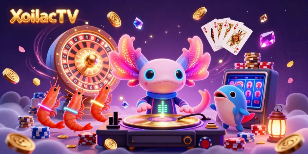 XoilacTV showcases an electrifying scene with vibrant axolotl DJ and animated sea creatures creating a lively underwater gambling atmosphere.