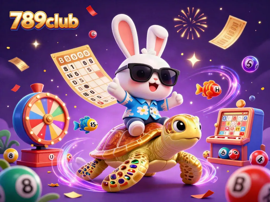 Engage with 789club's vibrant gaming world featuring a lucky rabbit and turtle in a festive casino scene.