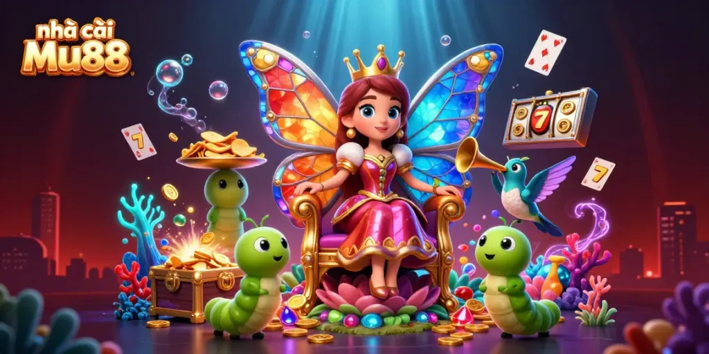 Experience thrilling gaming at Nhà cái Mu88 with colorful illustrations of casino games and vibrant characters.